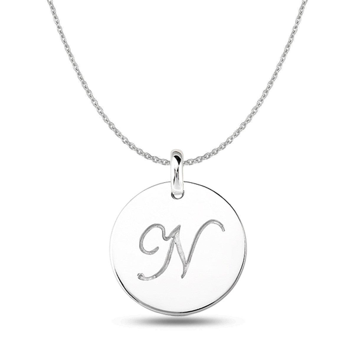 "N" 14K White Gold Script Engraved Initial Disk Pendant fine designer jewelry for men and women