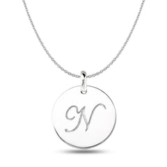 "N" 14K White Gold Script Engraved Initial Disk Pendant fine designer jewelry for men and women