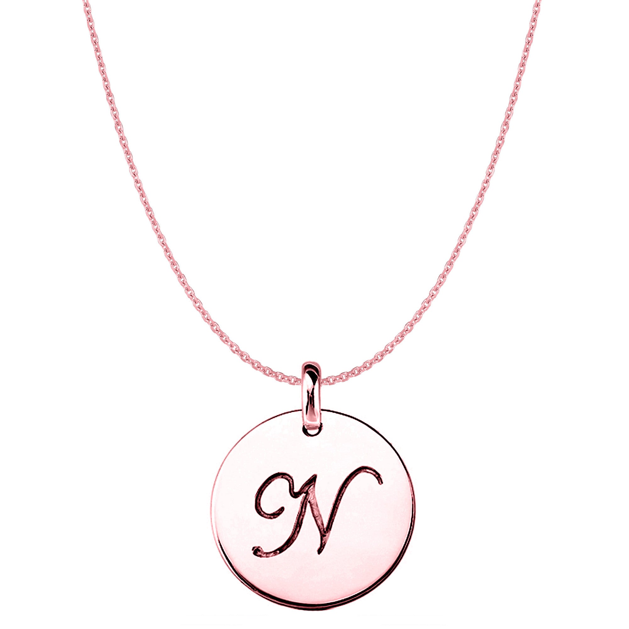 "N" 14K Rose Gold Script Engraved Initial Disk Pendant fine designer jewelry for men and women