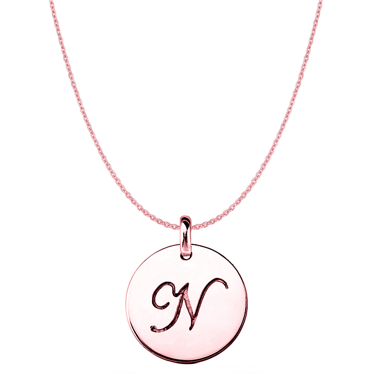 "N" 14K Rose Gold Script Engraved Initial Disk Pendant fine designer jewelry for men and women