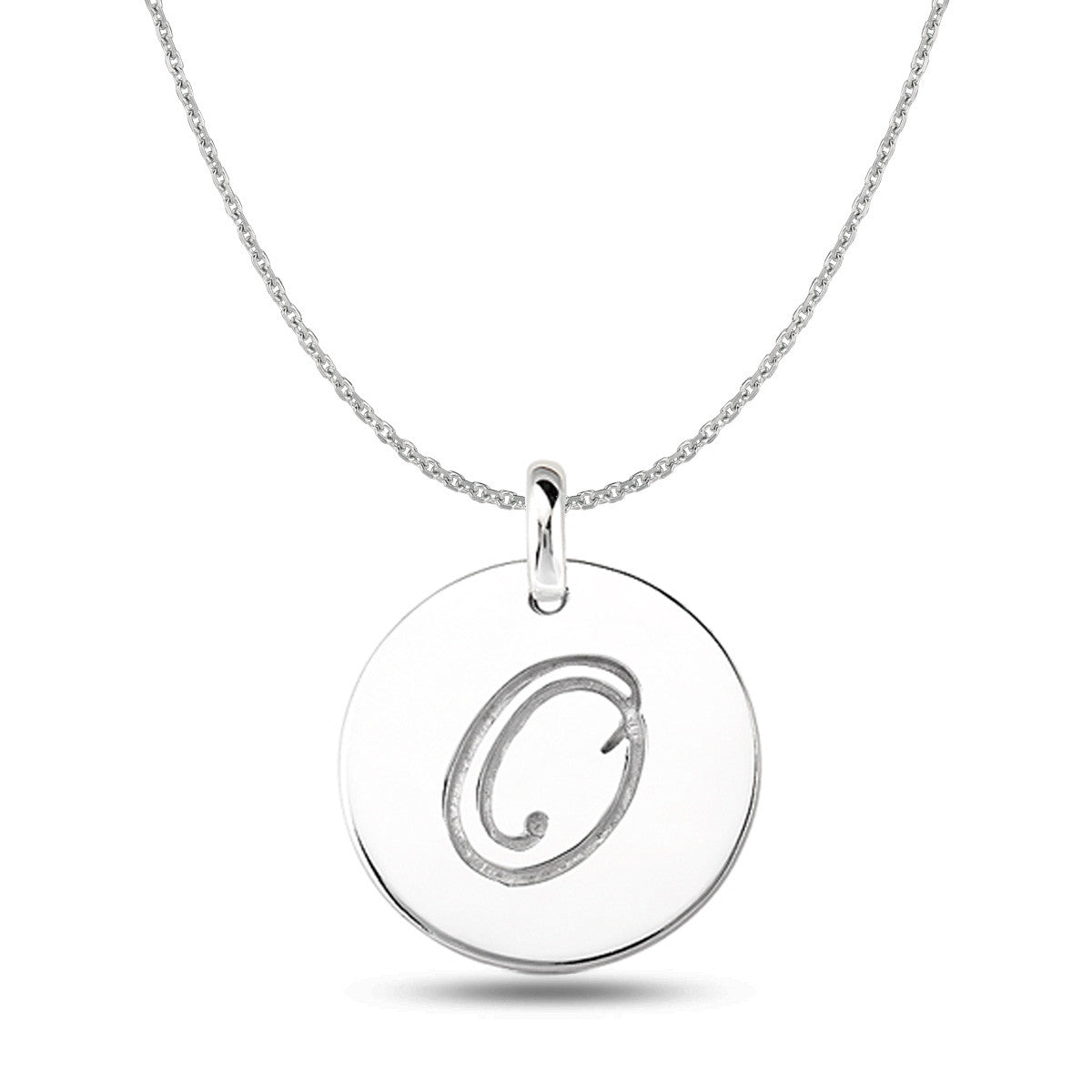 "O" 14K White Gold Script Engraved Initial  Disk Pendant - JewelryAffairs
 - 1
