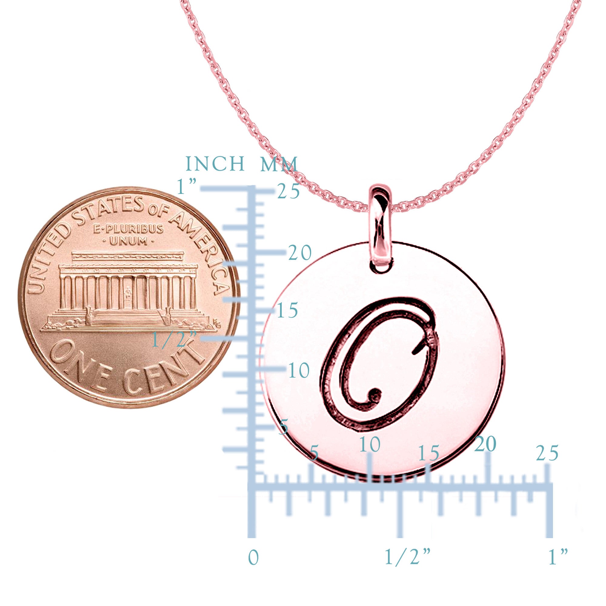 "O" 14K Rose Gold Script Engraved Initial Disk Pendant fine designer jewelry for men and women