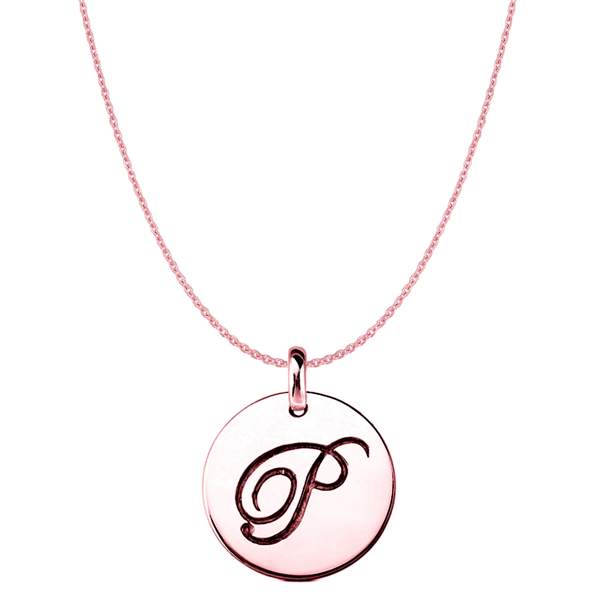 "P" 14K Rose Gold Script Engraved Initial Disk Pendant fine designer jewelry for men and women