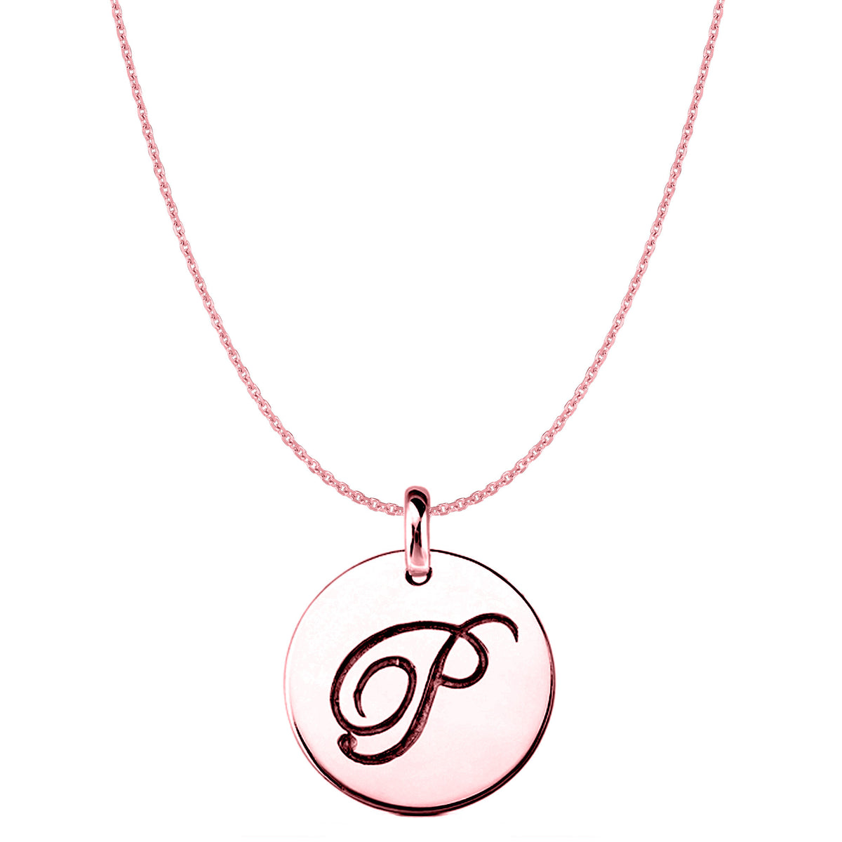 "P" 14K Rose Gold Script Engraved Initial Disk Pendant fine designer jewelry for men and women