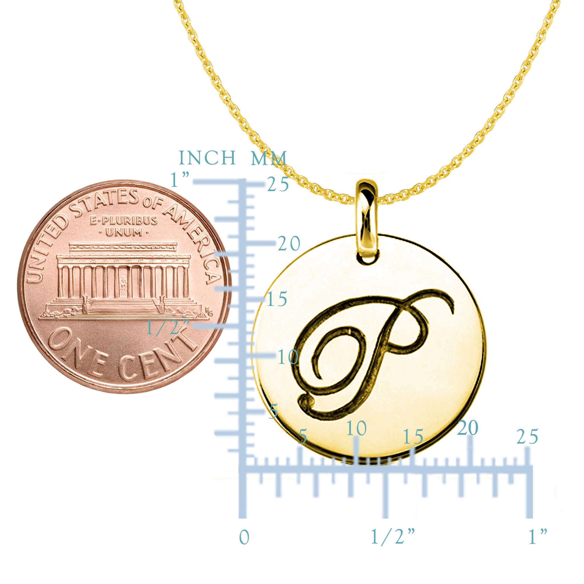"P" 14K Yellow Gold Script Engraved Initial Disk Pendant - JewelryAffairs
 - 2