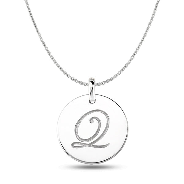 "Q" 14K White Gold Script Engraved Initial  Disk Pendant - JewelryAffairs
 - 1