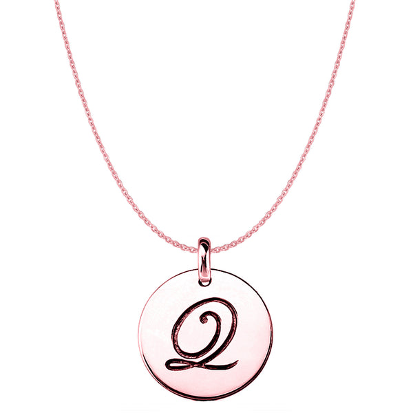 "Q" 14K Rose Gold Script Engraved Initial Disk Pendant - JewelryAffairs
 - 1
