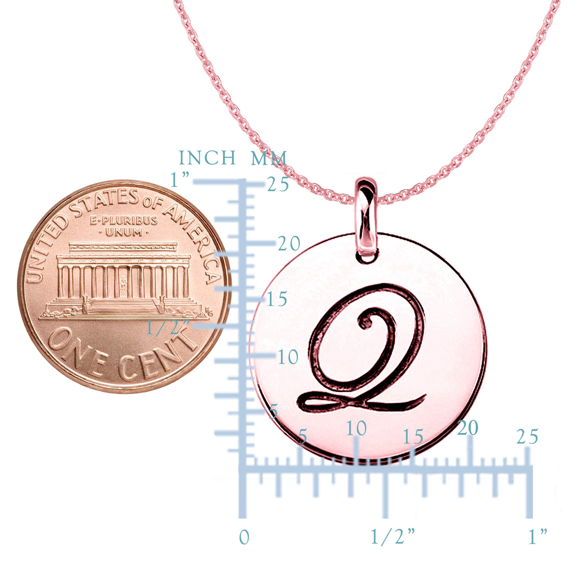 "Q" 14K Rose Gold Script Engraved Initial Disk Pendant - JewelryAffairs
 - 2