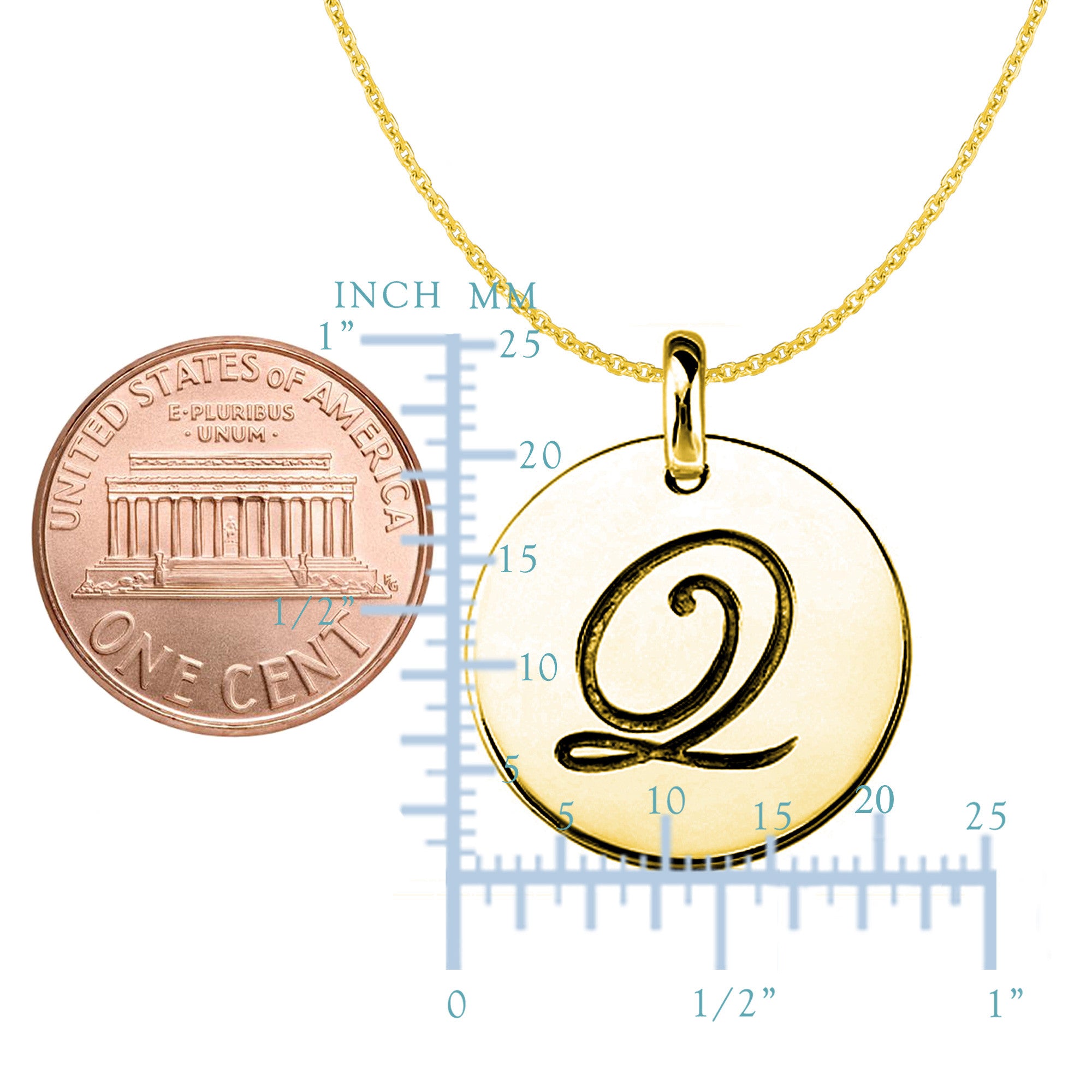 "Q" 14K Yellow Gold Script Engraved Initial Disk Pendant - JewelryAffairs
 - 2