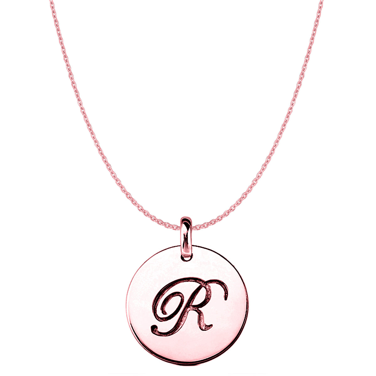 "R" 14K Rose Gold Script Engraved Initial Disk Pendant - JewelryAffairs
 - 1