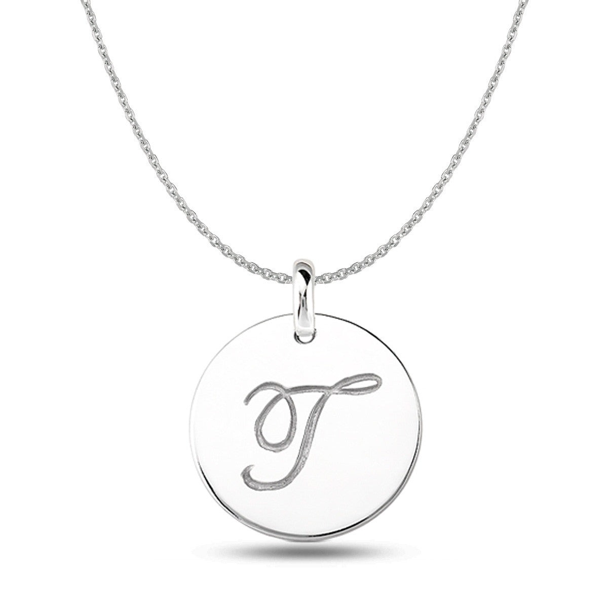 "T" 14K White Gold Script Engraved Initial Disk Pendant fine designer jewelry for men and women