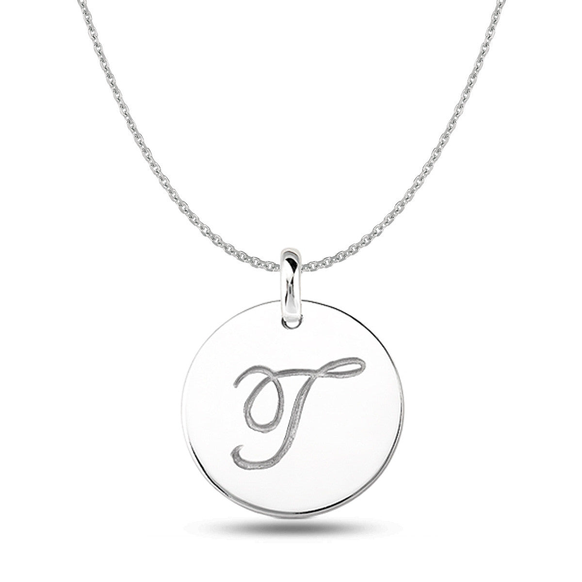 "T" 14K White Gold Script Engraved Initial  Disk Pendant - JewelryAffairs
 - 1