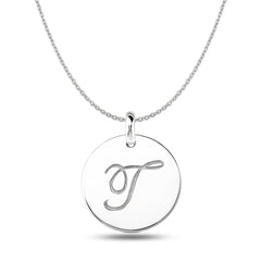 "T" 14K White Gold Script Engraved Initial Disk Pendant fine designer jewelry for men and women
