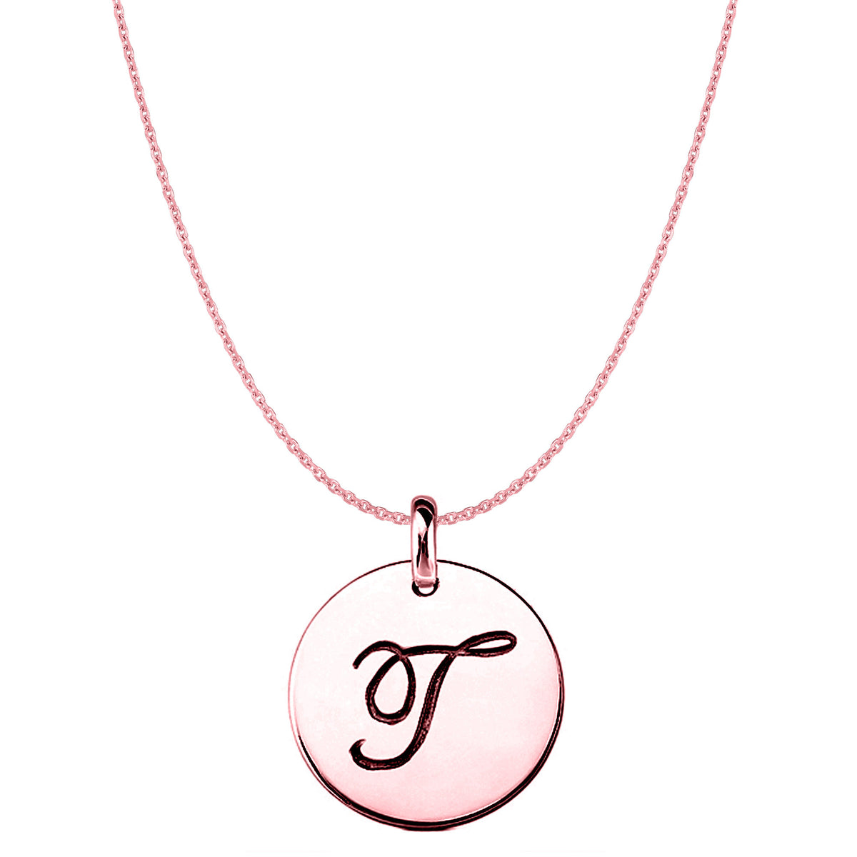 "T" 14K Rose Gold Script Engraved Initial Disk Pendant - JewelryAffairs
 - 1