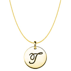 "T" 14K Yellow Gold Script Engraved Initial Disk Pendant - JewelryAffairs
 - 1