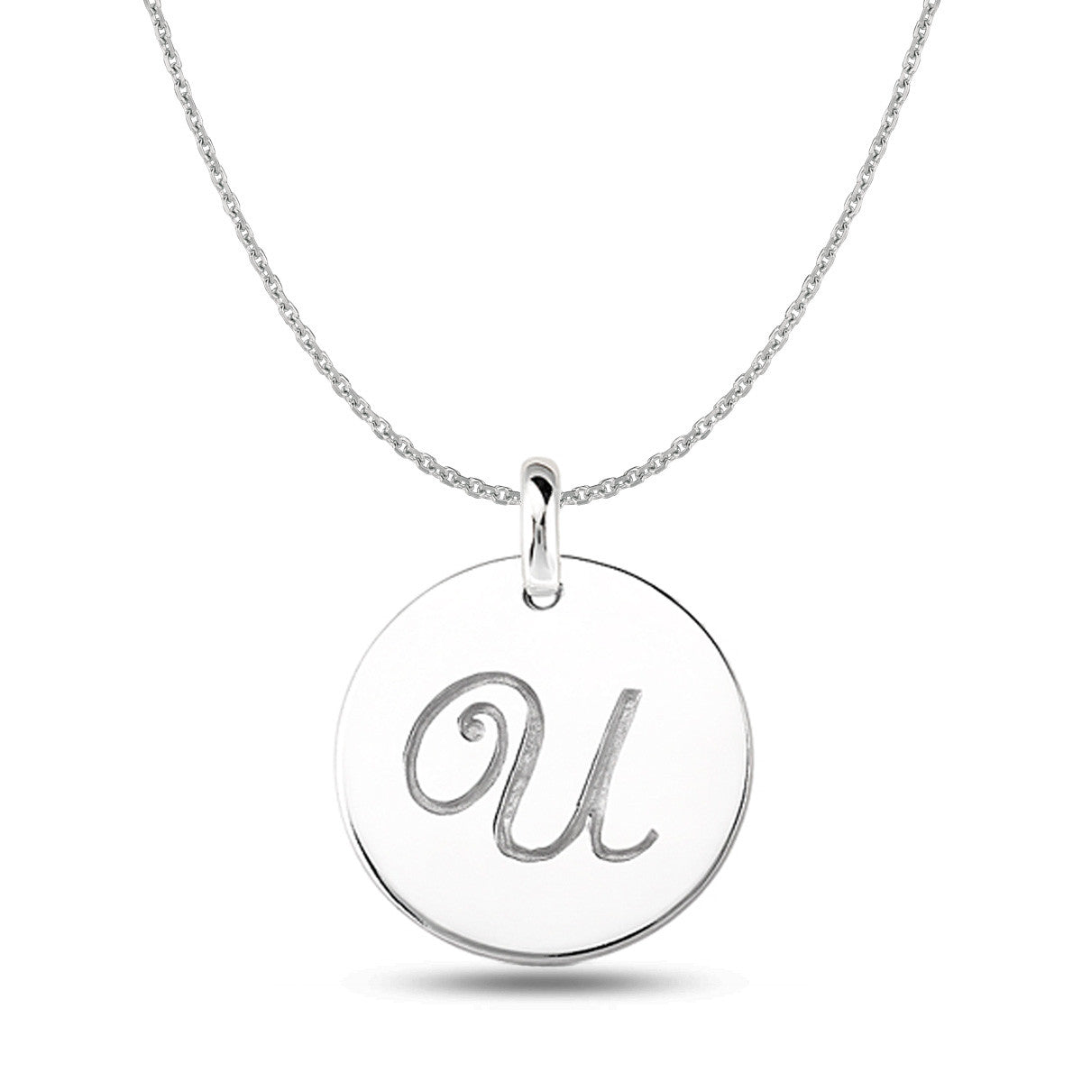 "U" 14K White Gold Script Engraved Initial Disk Pendant fine designer jewelry for men and women