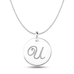 "U" 14K White Gold Script Engraved Initial Disk Pendant fine designer jewelry for men and women