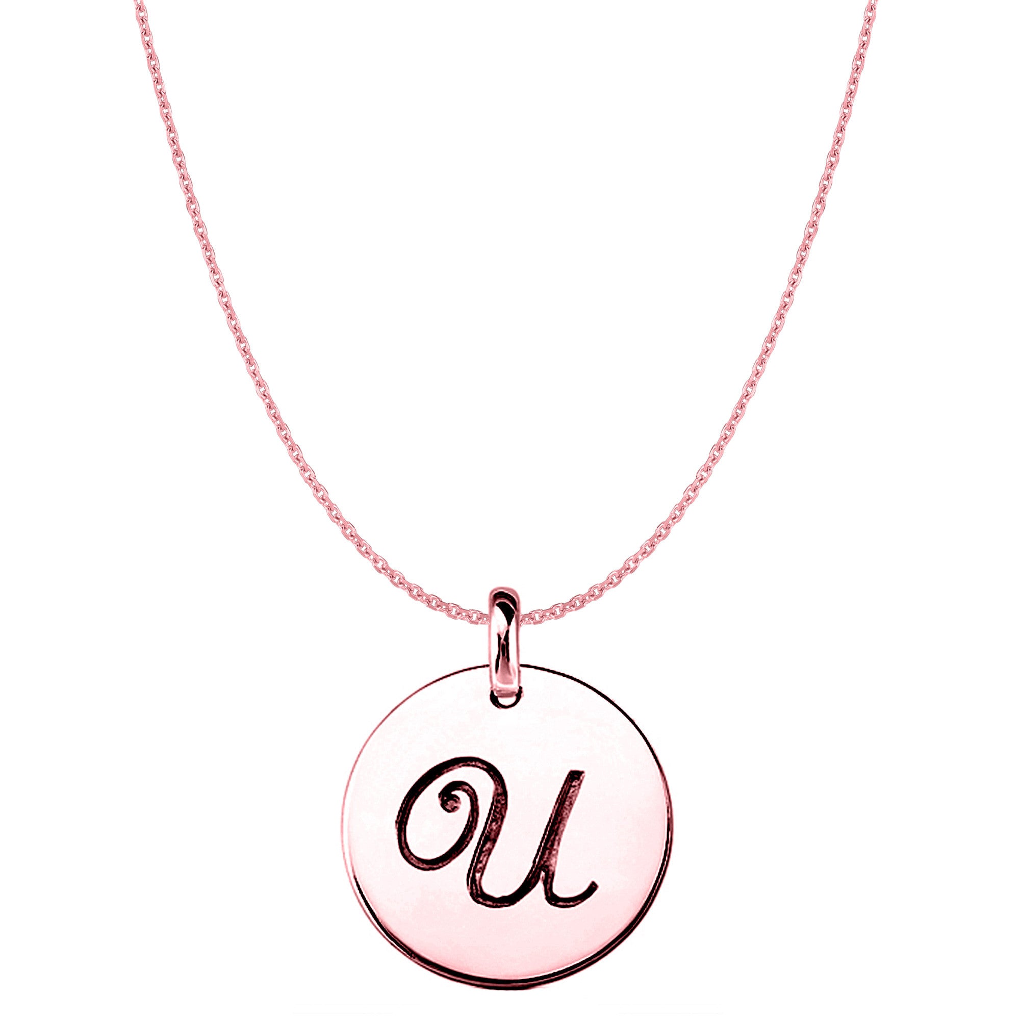 "U" 14K Rose Gold Script Engraved Initial Disk Pendant fine designer jewelry for men and women
