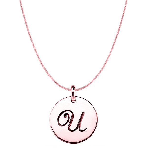 "U" 14K Rose Gold Script Engraved Initial Disk Pendant - JewelryAffairs
 - 1