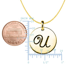 "U" 14K Yellow Gold Script Engraved Initial Disk Pendant fine designer jewelry for men and women