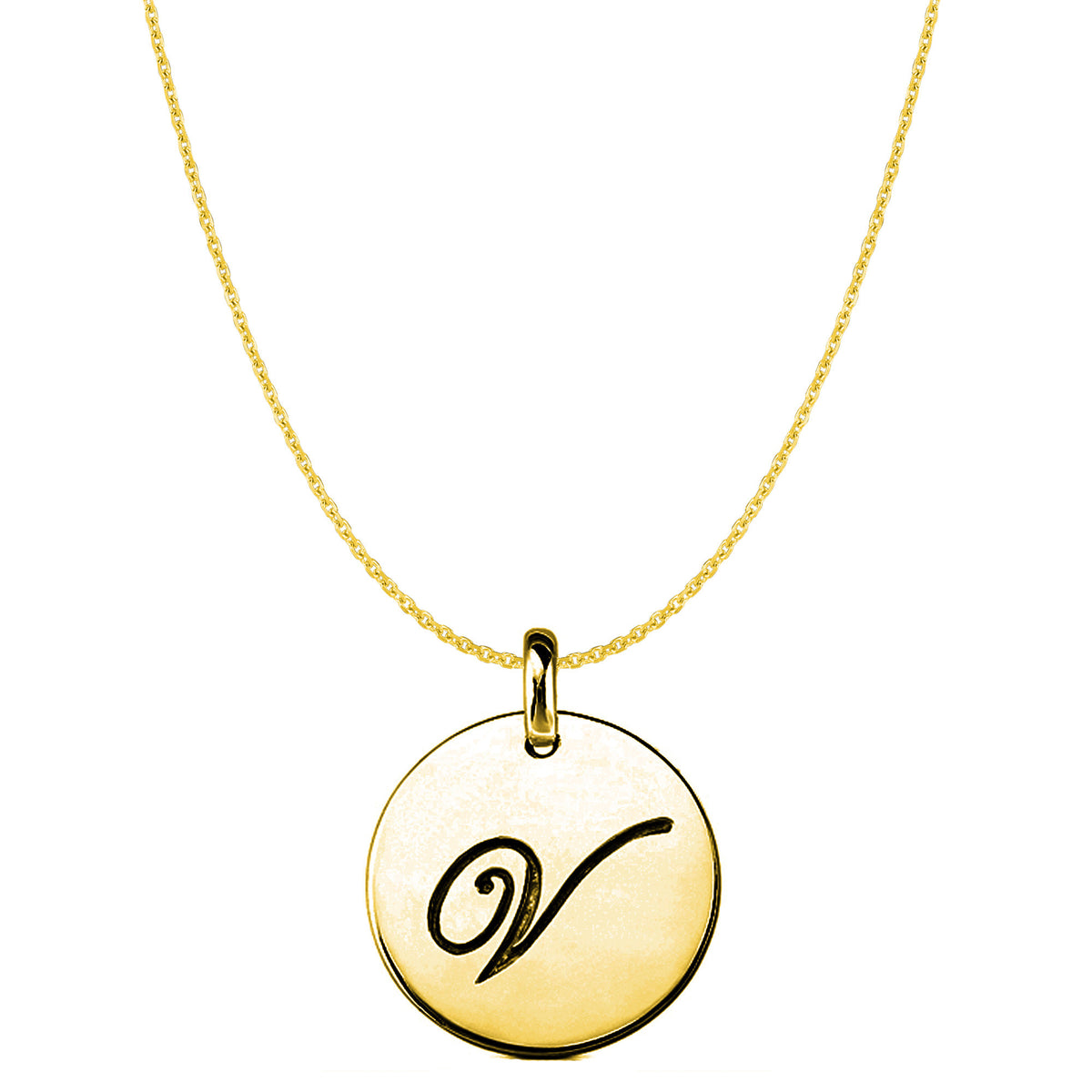 "V" 14K Yellow Gold Script Engraved Initial Disk Pendant fine designer jewelry for men and women