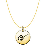"V" 14K Yellow Gold Script Engraved Initial Disk Pendant - JewelryAffairs
 - 1
