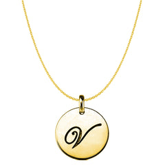 "V" 14K Yellow Gold Script Engraved Initial Disk Pendant fine designer jewelry for men and women