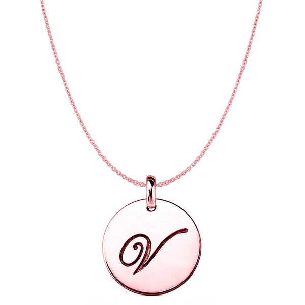 "V" 14K Rose Gold Script Engraved Initial Disk Pendant - JewelryAffairs
 - 1