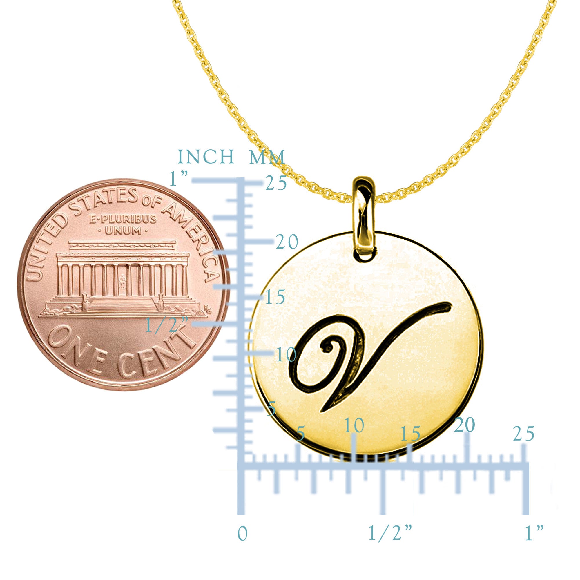 "V" 14K Yellow Gold Script Engraved Initial Disk Pendant fine designer jewelry for men and women