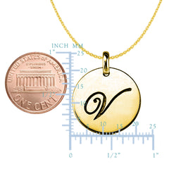 "V" 14K Yellow Gold Script Engraved Initial Disk Pendant fine designer jewelry for men and women