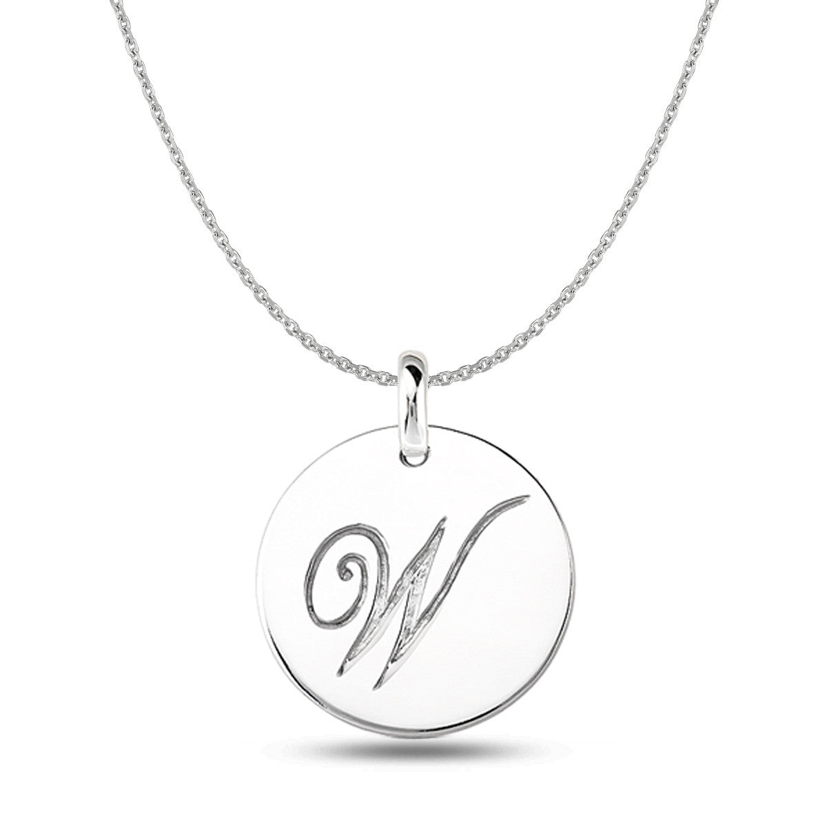 "W" 14K White Gold Script Engraved Initial Disk Pendant fine designer jewelry for men and women