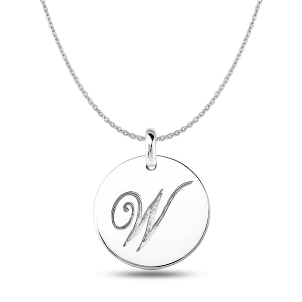"W" 14K White Gold Script Engraved Initial  Disk Pendant - JewelryAffairs
 - 1