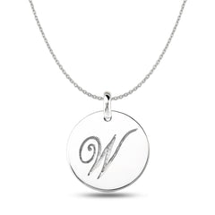 "W" 14K White Gold Script Engraved Initial Disk Pendant fine designer jewelry for men and women