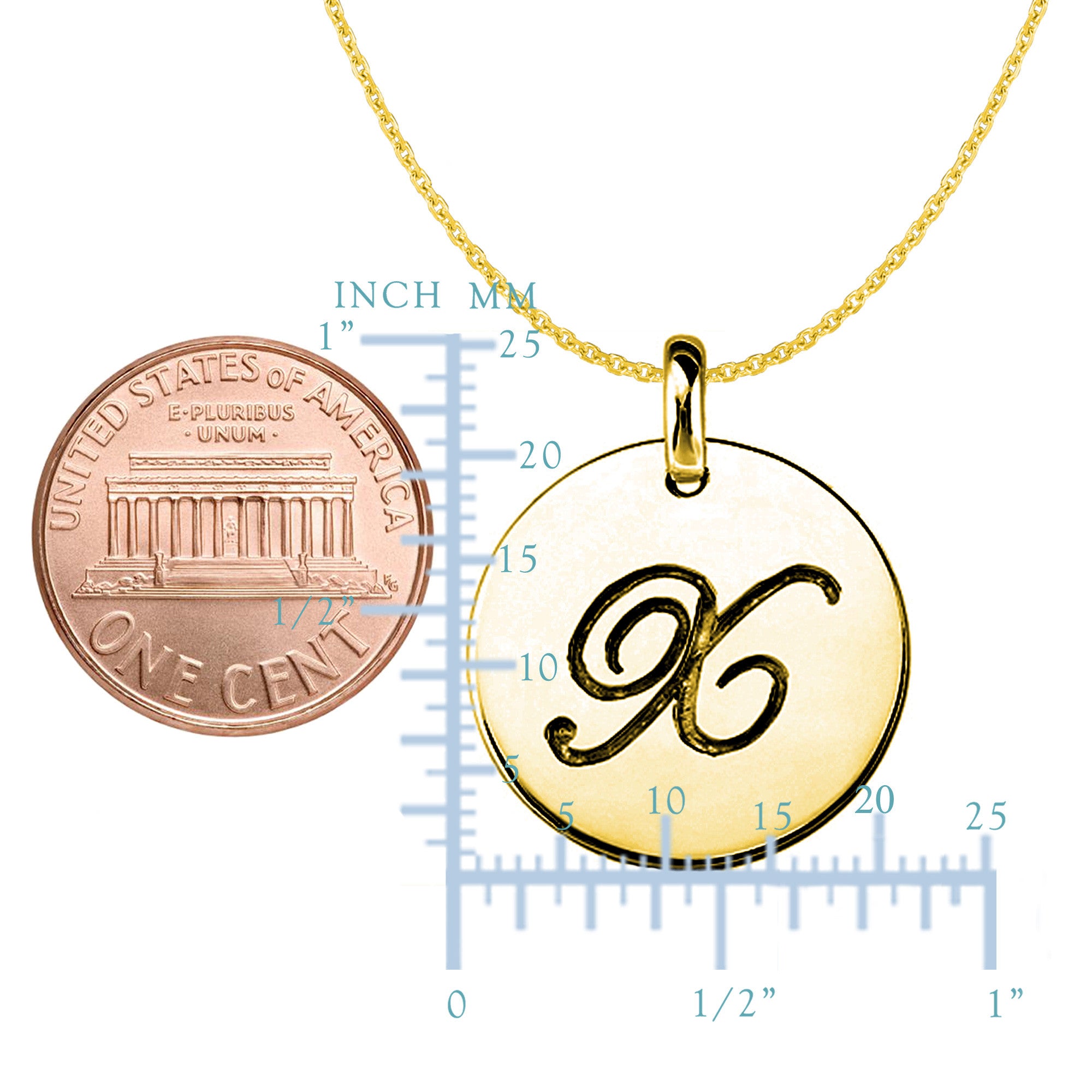 "X" 14K Yellow Gold Script Engraved Initial Disk Pendant fine designer jewelry for men and women