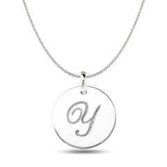 "Y" 14K White Gold Script Engraved Initial Disk Pendant fine designer jewelry for men and women