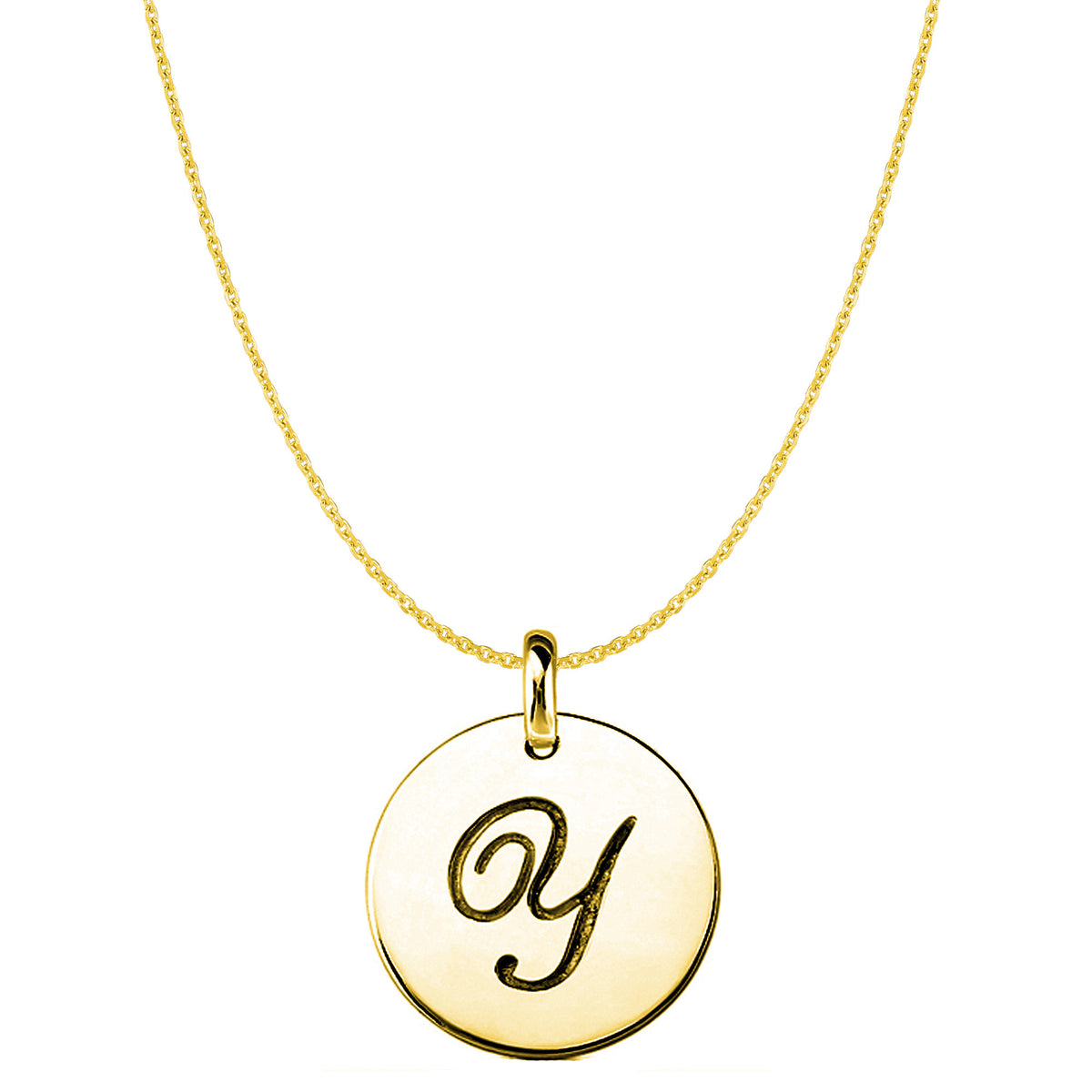 "Y" 14K Yellow Gold Script Engraved Initial Disk Pendant - JewelryAffairs
 - 1