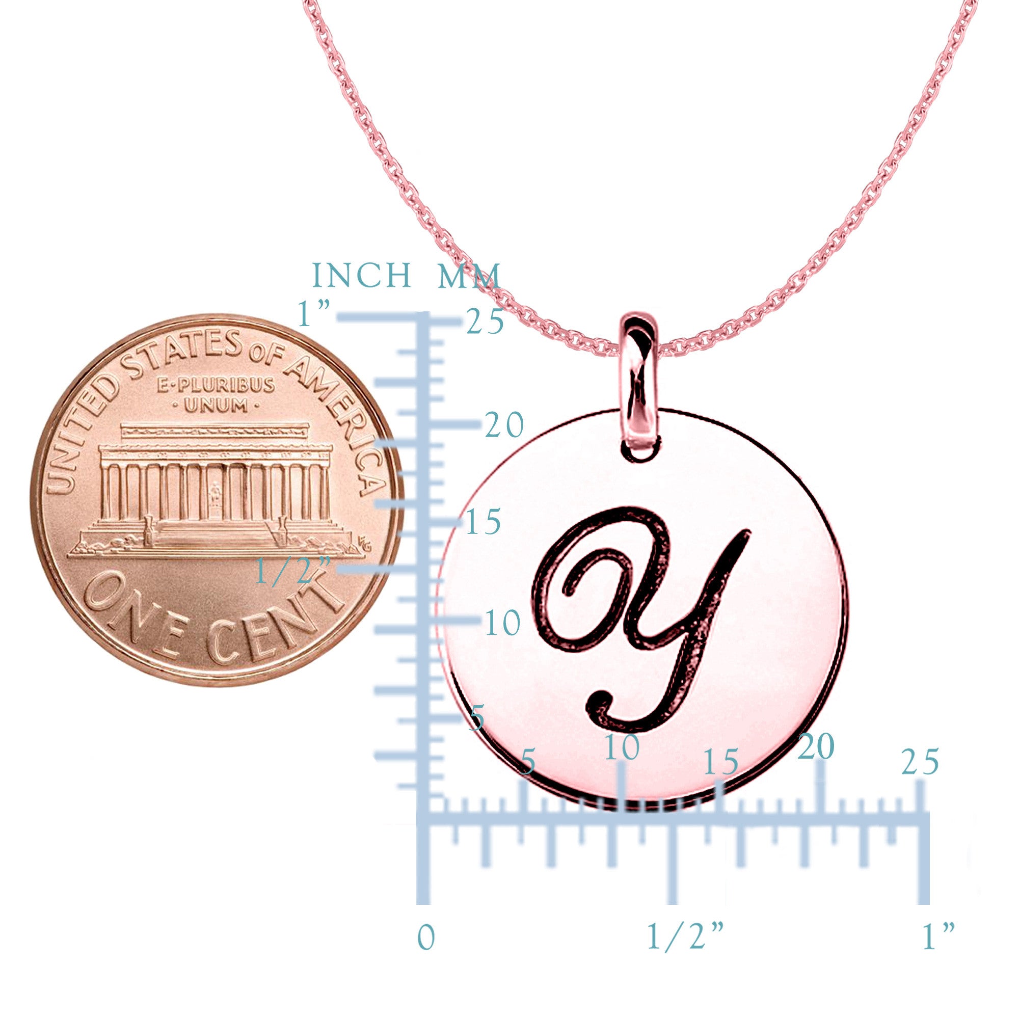 "Y" 14K Rose Gold Script Engraved Initial Disk Pendant - JewelryAffairs
 - 2