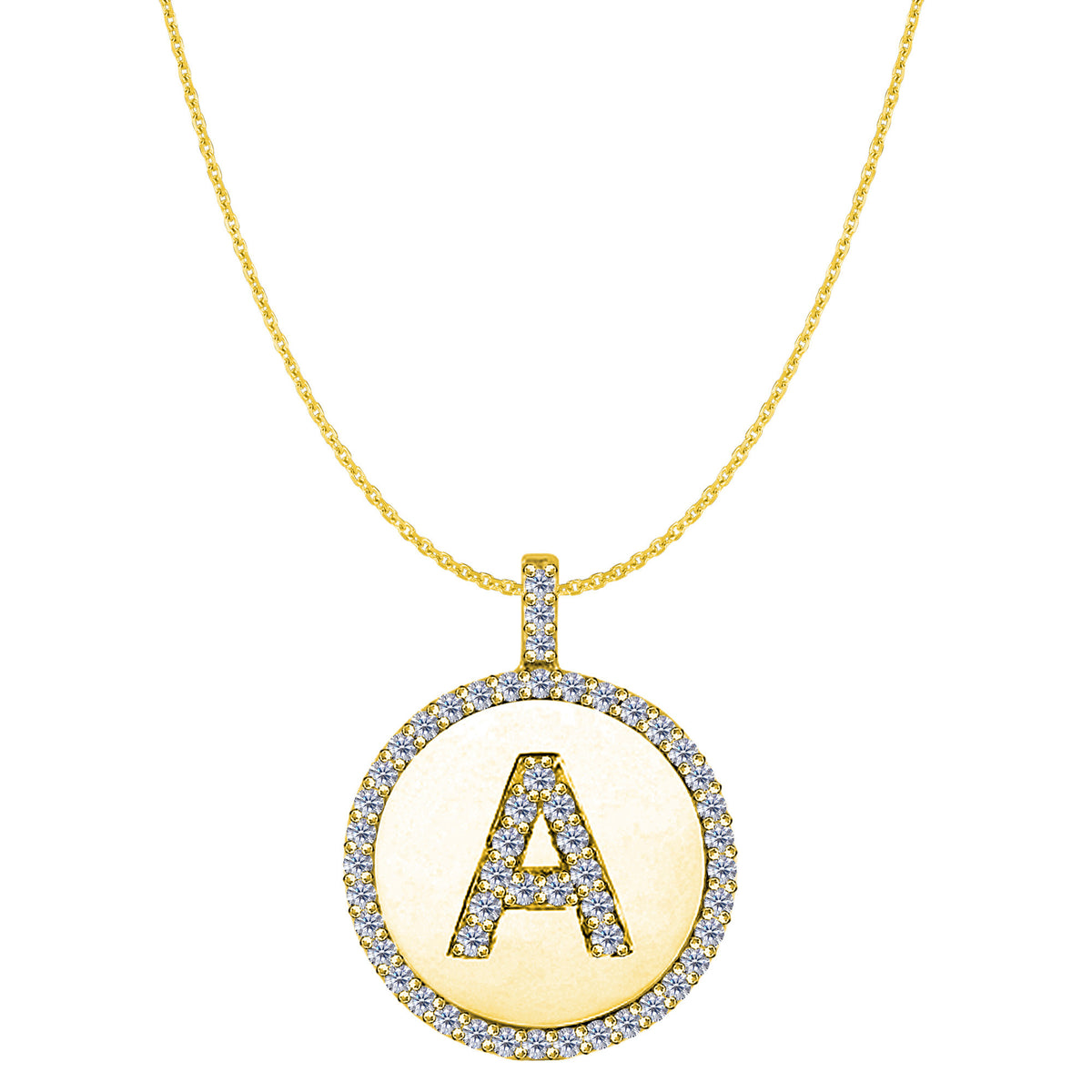 Ciondolo a forma di disco in oro giallo 14K con iniziale di diamante "A" (0,53 ct), gioielleria di alta qualità per uomo e donna