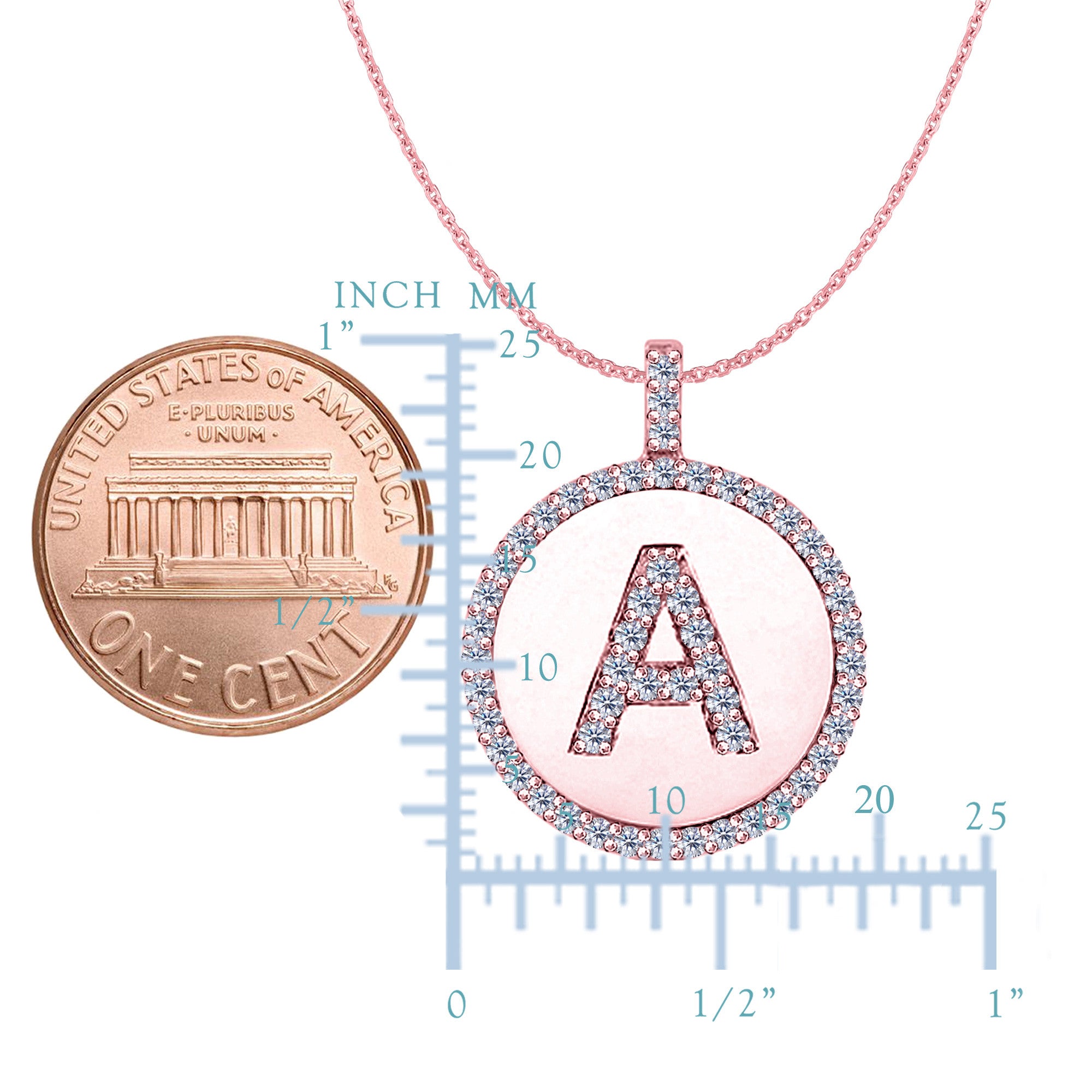 Ciondolo a forma di disco in oro rosa 14K con iniziale di diamante "A" (0,53 ct), gioielleria raffinata per uomini e donne
