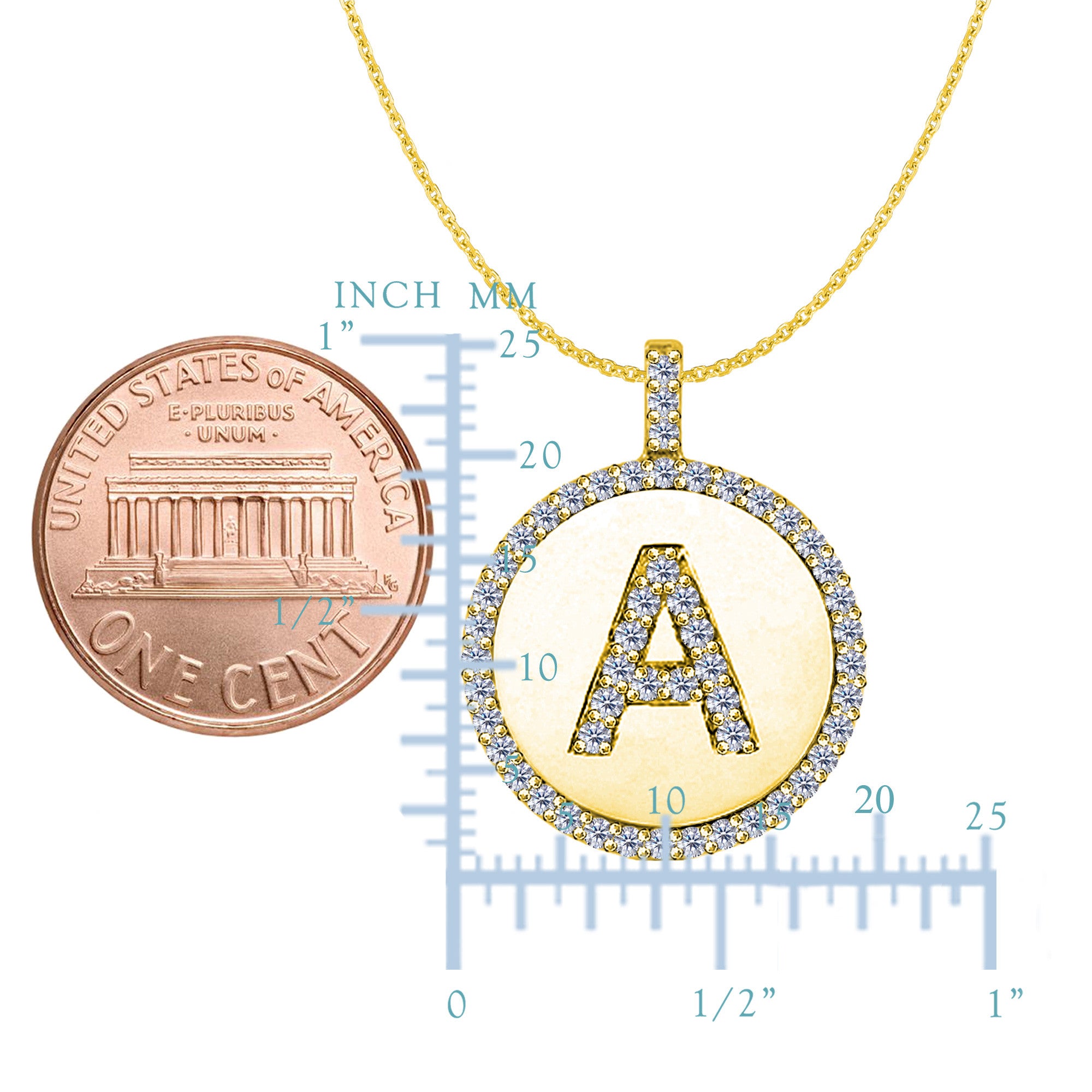 Colgante de disco de oro amarillo de 14 quilates con inicial de diamante "A" (0,53 quilates), joyería fina de diseño para hombres y mujeres