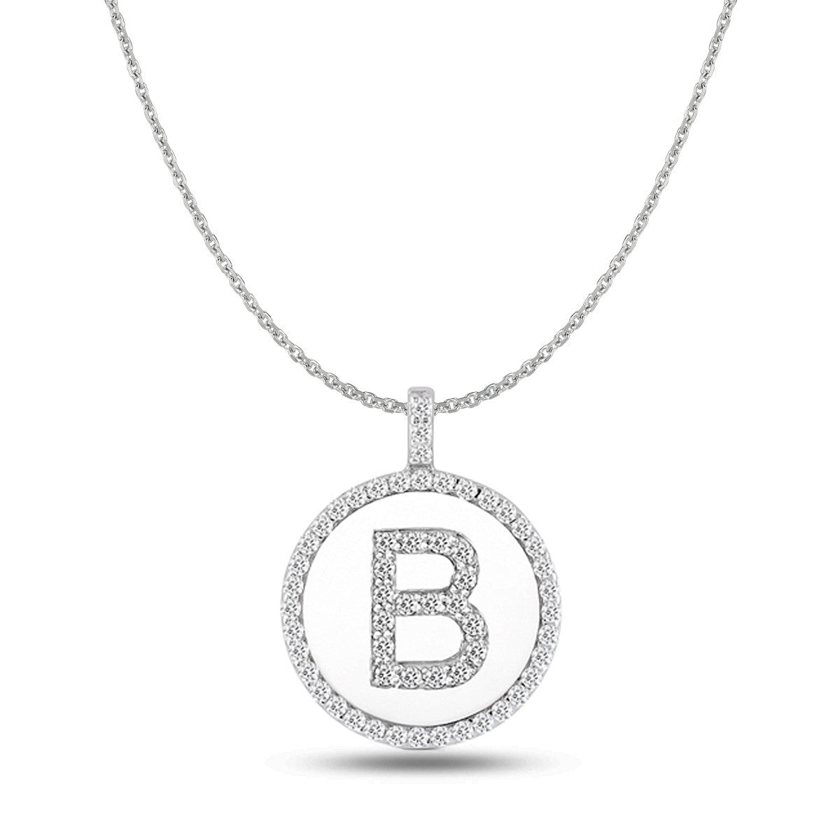Ciondolo a disco in oro bianco 14K con iniziale di diamanti "B" (0,60 ct), gioielleria di alta qualità per uomo e donna