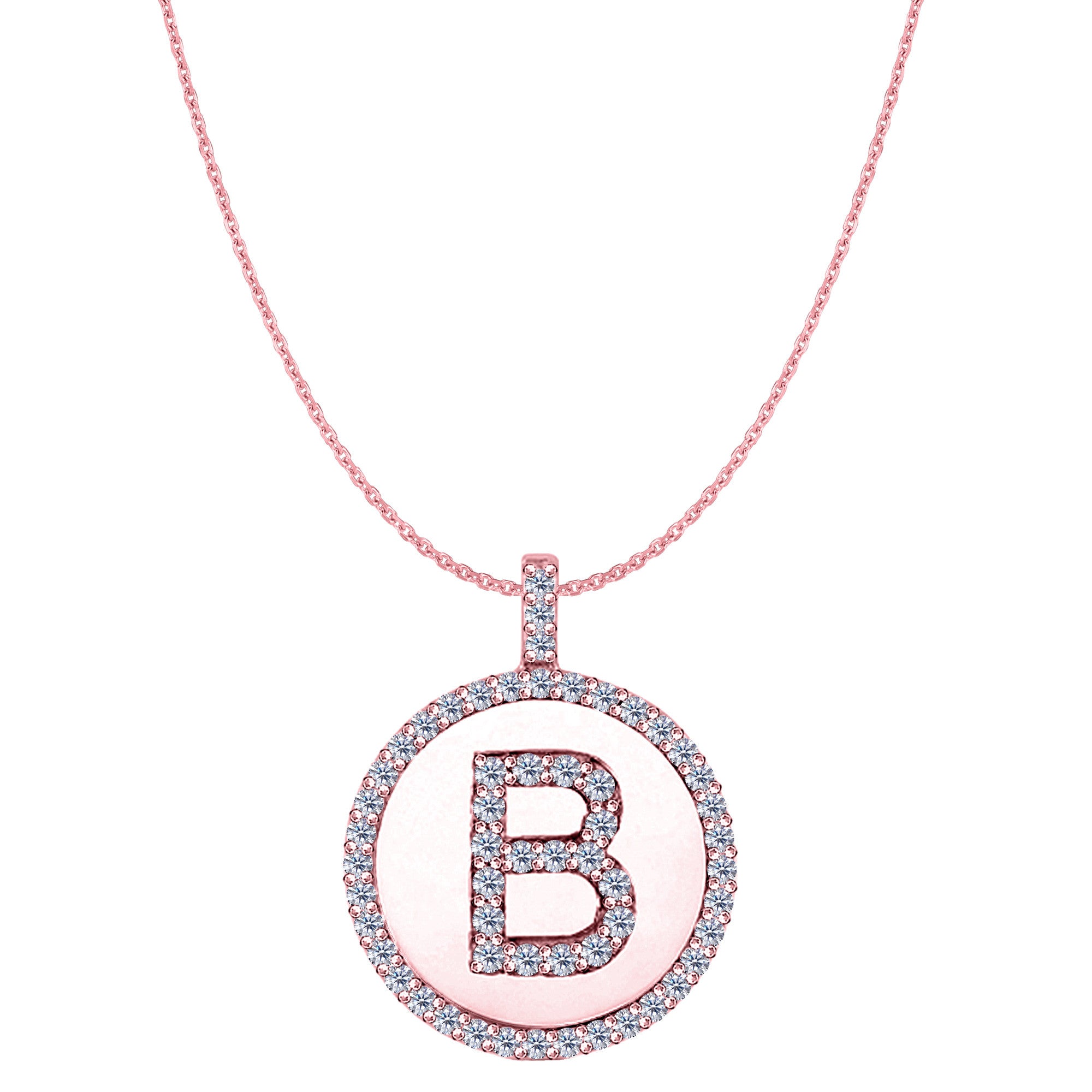 Colgante de disco de oro rosa de 14 quilates con inicial de diamante "B" (0,60 quilates), joyería fina de diseño para hombres y mujeres