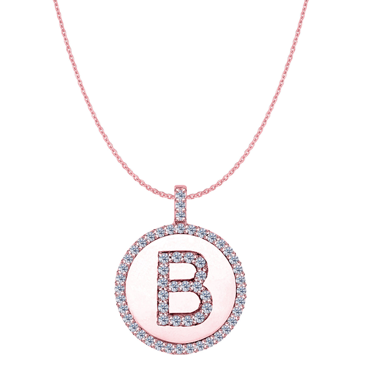 Ciondolo a forma di disco in oro rosa 14 carati con iniziale "B" (0,60 ct), gioielleria di alta qualità per uomini e donne
