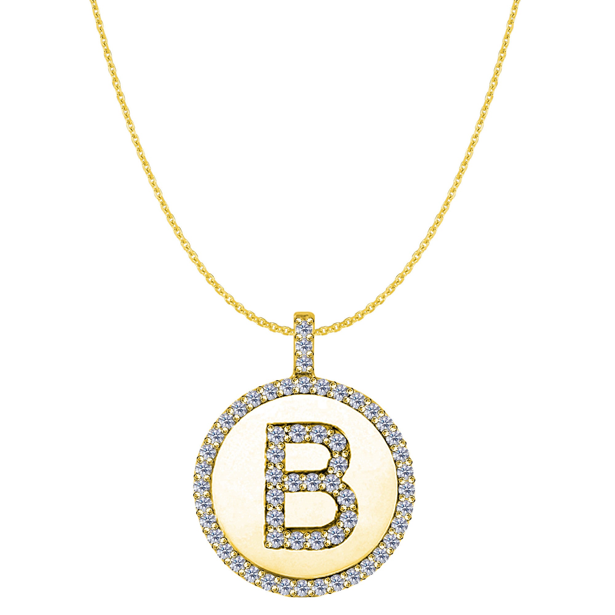 Ciondolo a forma di disco in oro giallo 14 carati con iniziale "B" (0,60 ct), gioielleria di alta qualità per uomo e donna