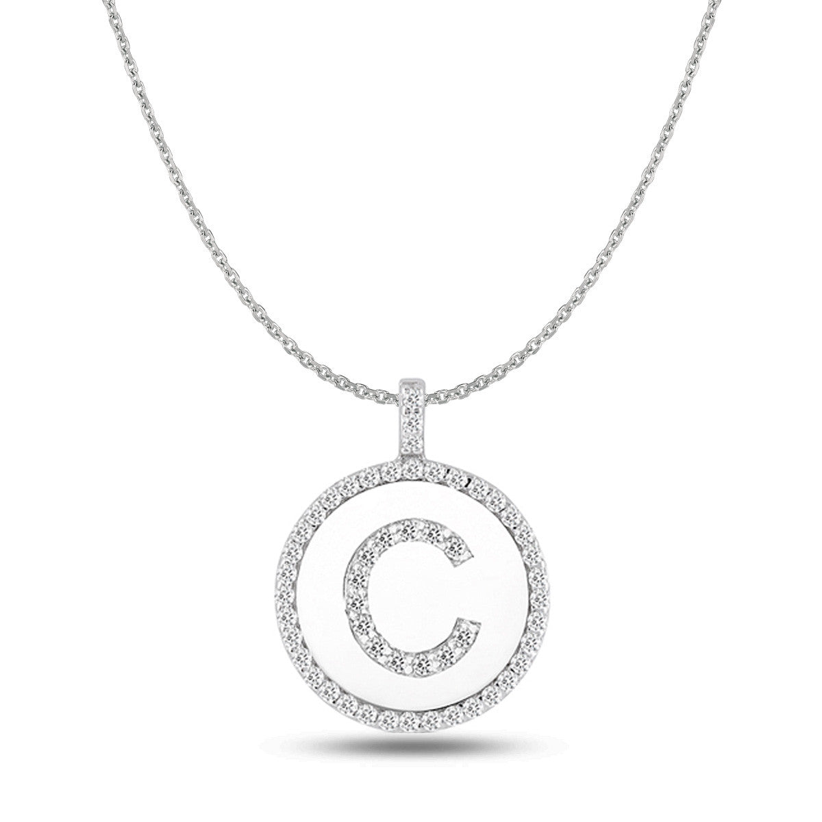 Colgante de disco de oro blanco de 14 quilates con inicial de diamante "C" (0,55 quilates), joyería fina de diseño para hombres y mujeres