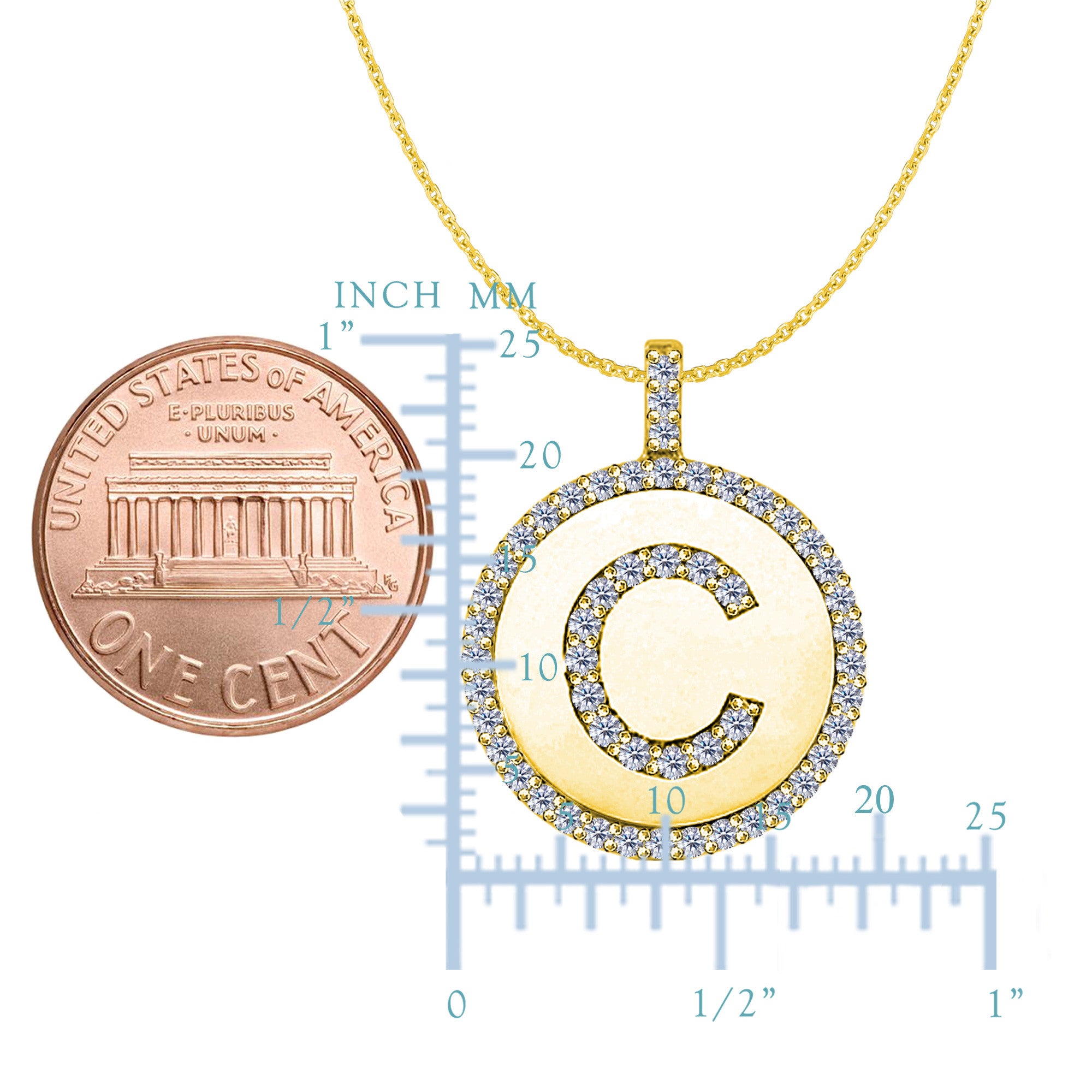 Colgante de disco de oro amarillo de 14 quilates con inicial de diamante "C" (0,55 quilates), joyería fina de diseño para hombres y mujeres