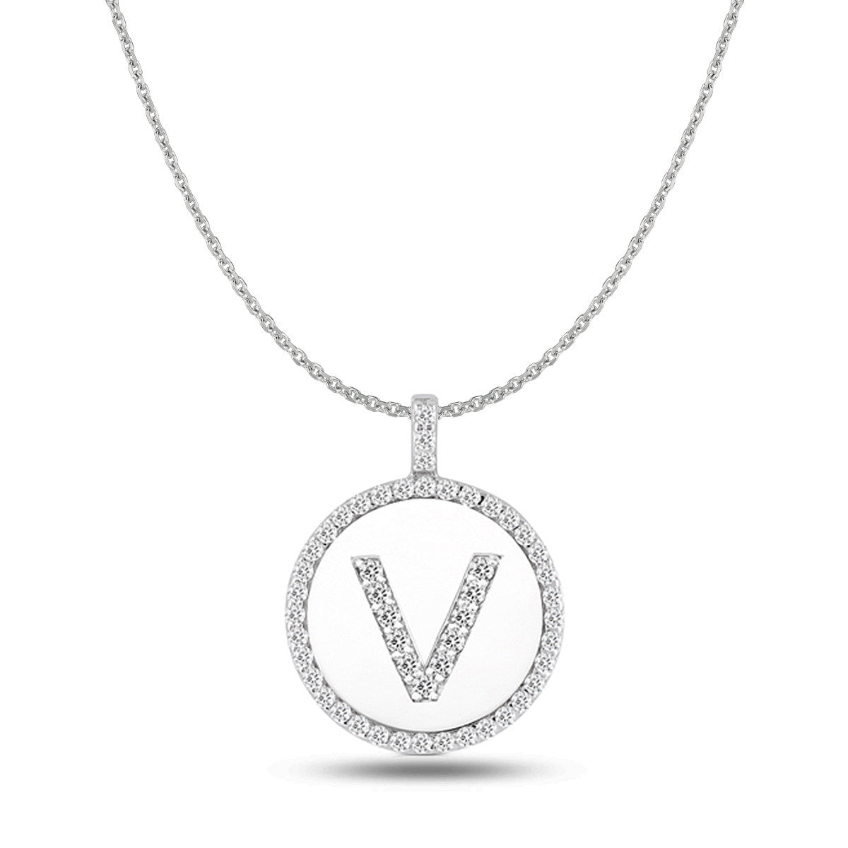 "V" Diamond Initial 14K White Gold Disk Pendant (0.50ct) - JewelryAffairs
 - 1