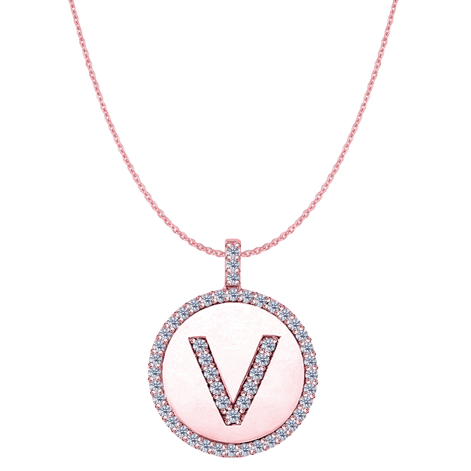 "V" Diamond Initial 14K Rose Gold Disk Pendant (0.50ct) fine designer jewelry for men and women