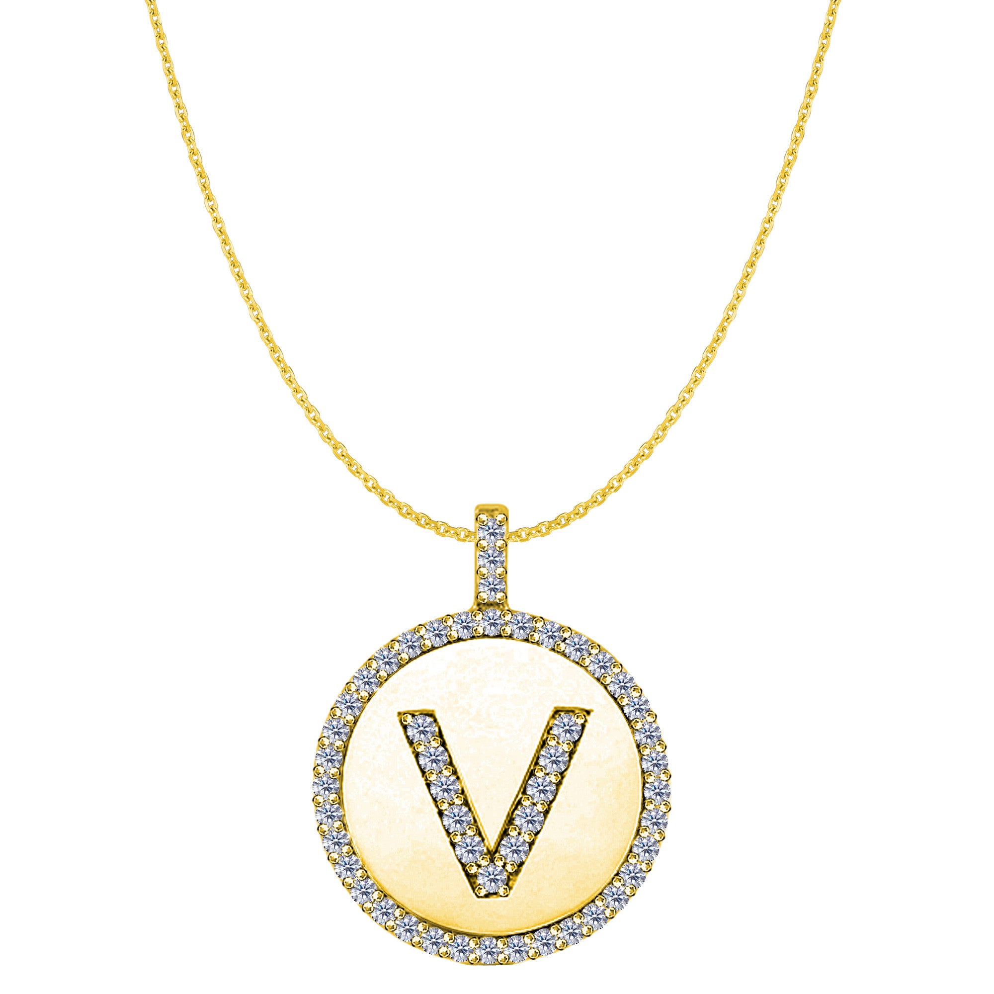 "V" Diamond Initial 14K Yellow Gold Disk Pendant (0.50ct) fine designer jewelry for men and women