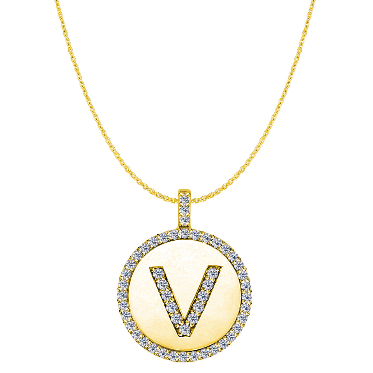 "V" Diamond Initial 14K Yellow Gold Disk Pendant (0.50ct) fine designer jewelry for men and women